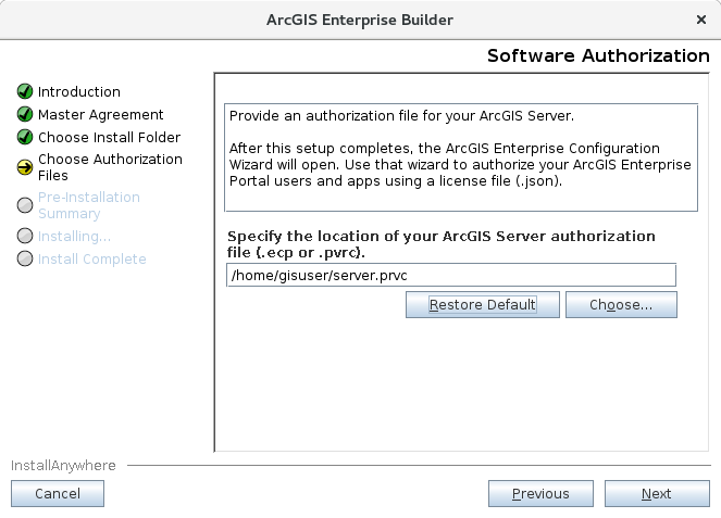 Specify the location for your ArcGIS Server authorization file. Specify the location for your ArcGIS Server authorization file.